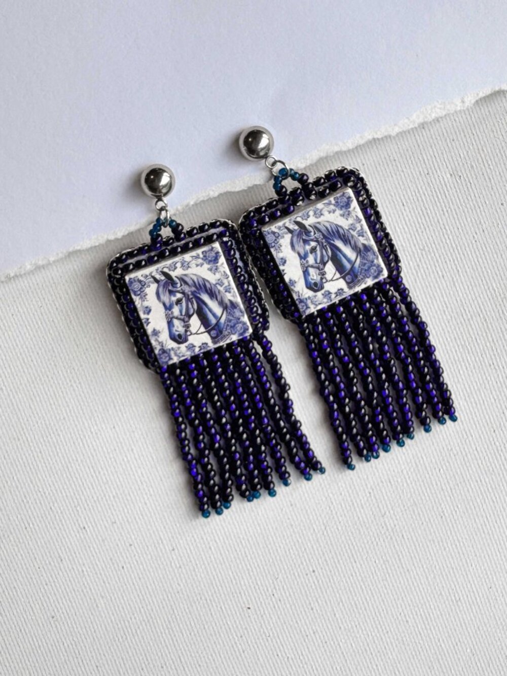 Handmade Blue Horse Ceramic Fringe Statement Earrings - Picture 3 of 10